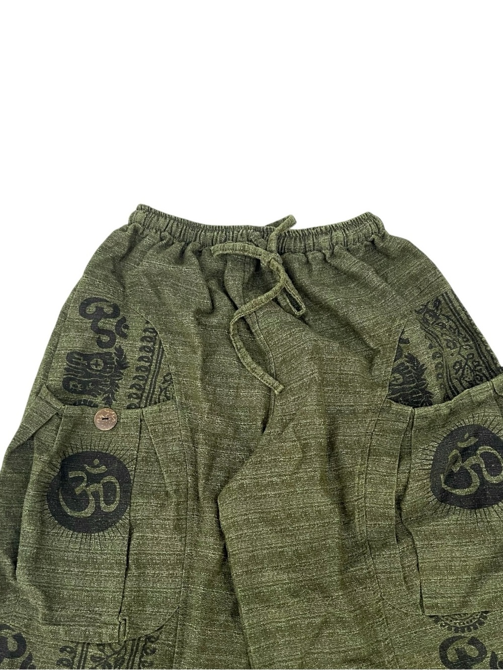 D&T Nepal Harem Pants Olive Green Om Print Cargo Yoga Boho Unisex Cotton M - Picture 2 of 9